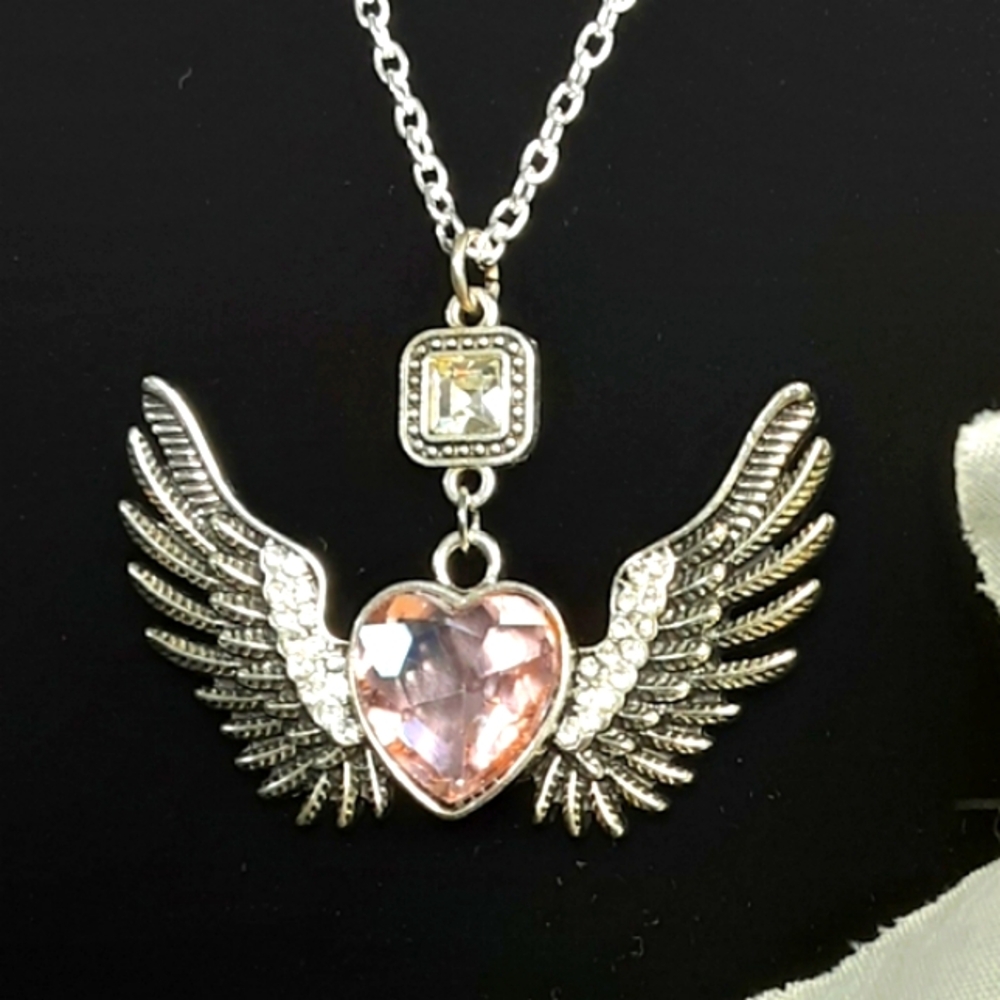 Handmade Heart With Wings Necklace Pale Pink 23" Chain - Picture 2 of 4